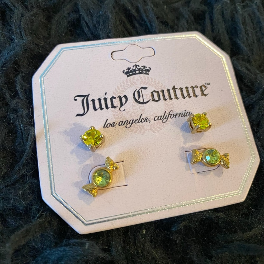 Juicy Couture Set of 2 Gold Tone Stud Earrings Greenish Candy & Yellow Stud NWT